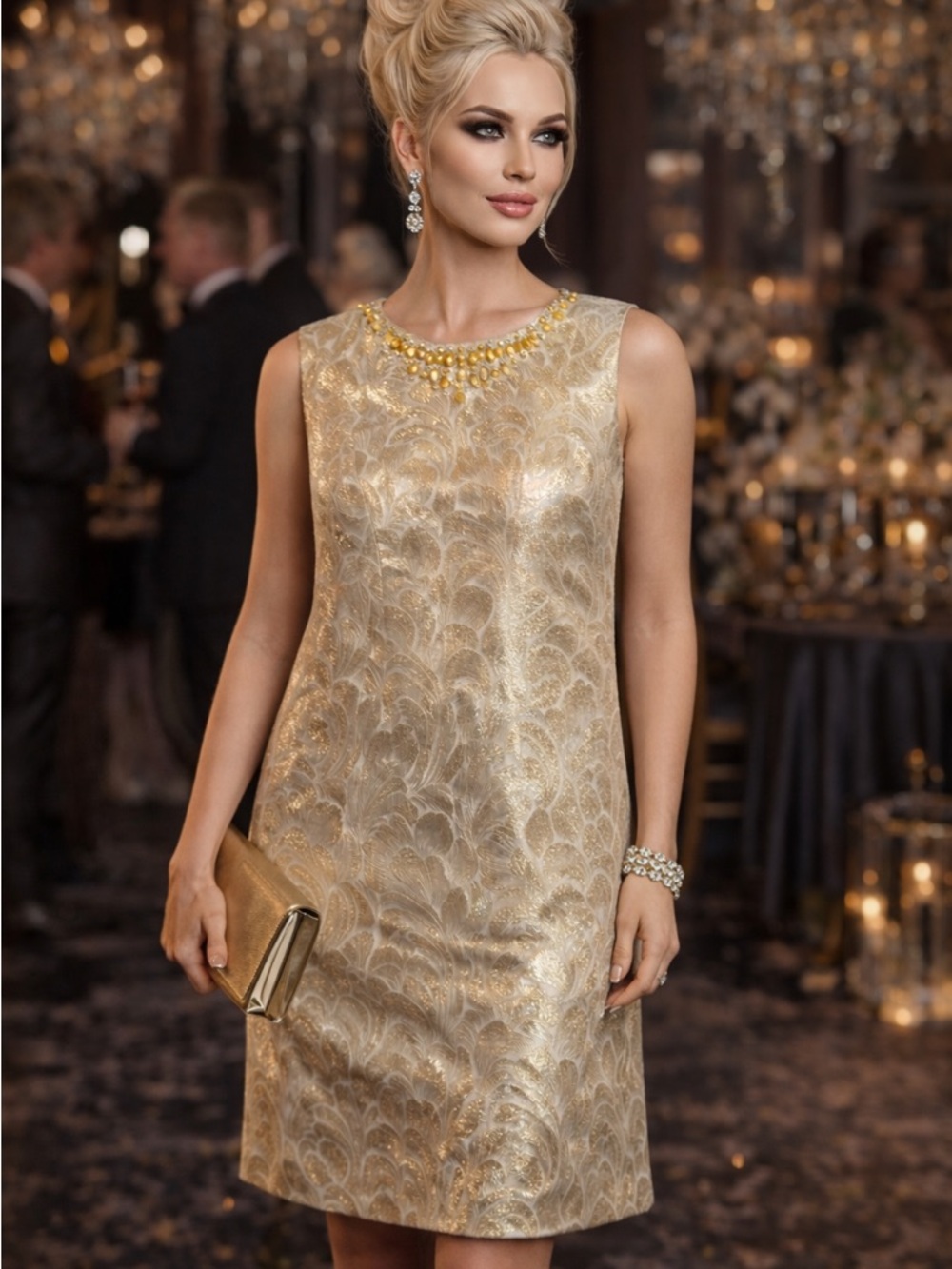 Maggy London Gold Brocade Cocktail Dress | 60s Camelot Glam | Size 14